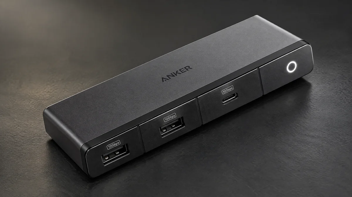 Anker 556 USB4 8-in-1 on a charcoal surface; reference-based AI treatment