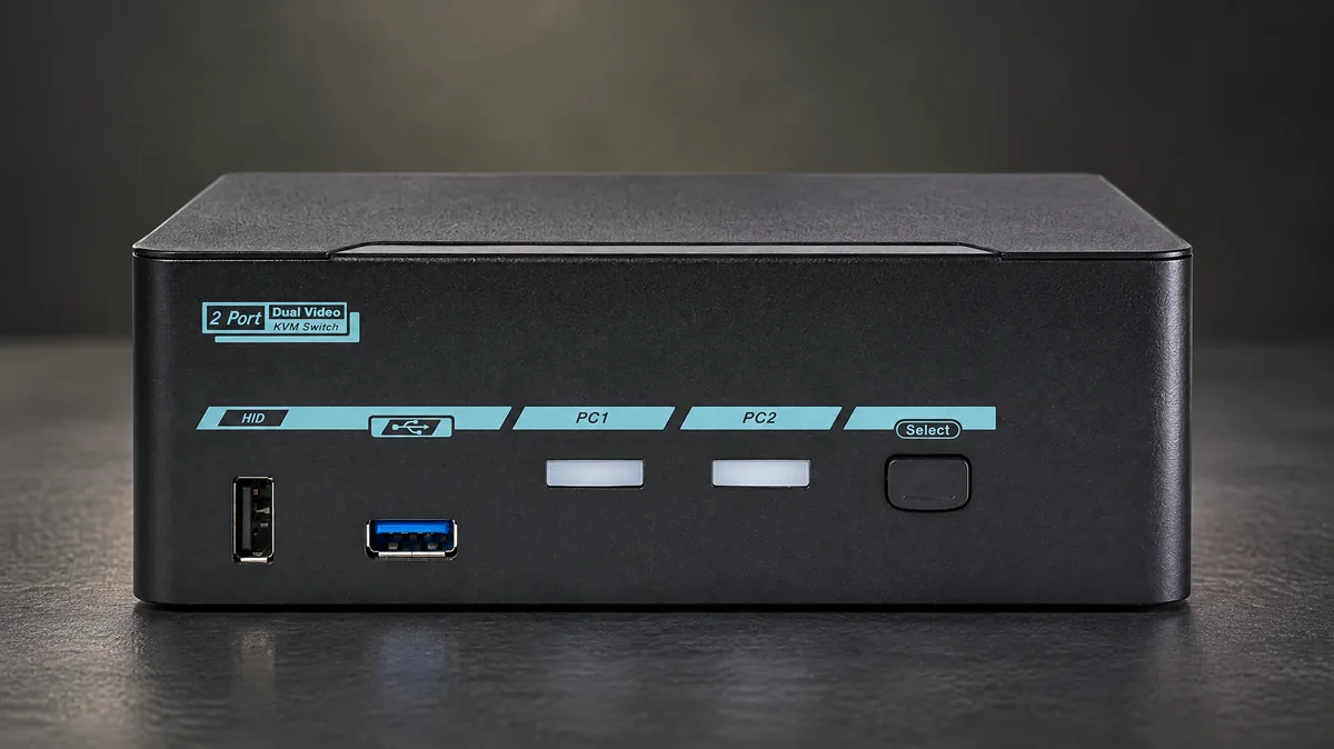 Level1Techs DisplayPort 1.4 Dual Monitor / Two Computer KVM on a charcoal surface; reference-based AI treatment