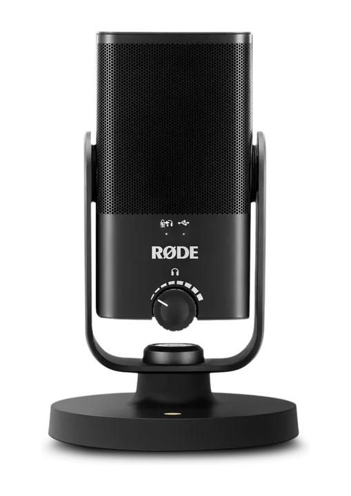 RØDE NT-USB Mini black compact USB microphone, front view on its circular desktop stand